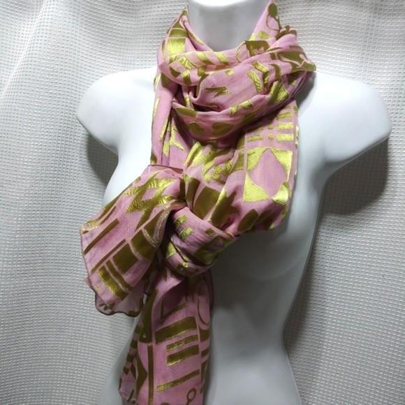 Nick & Nora Accessories - Unique Abstract Art Velvety Silk SCARF in Chartreuse Green & Pale Pink